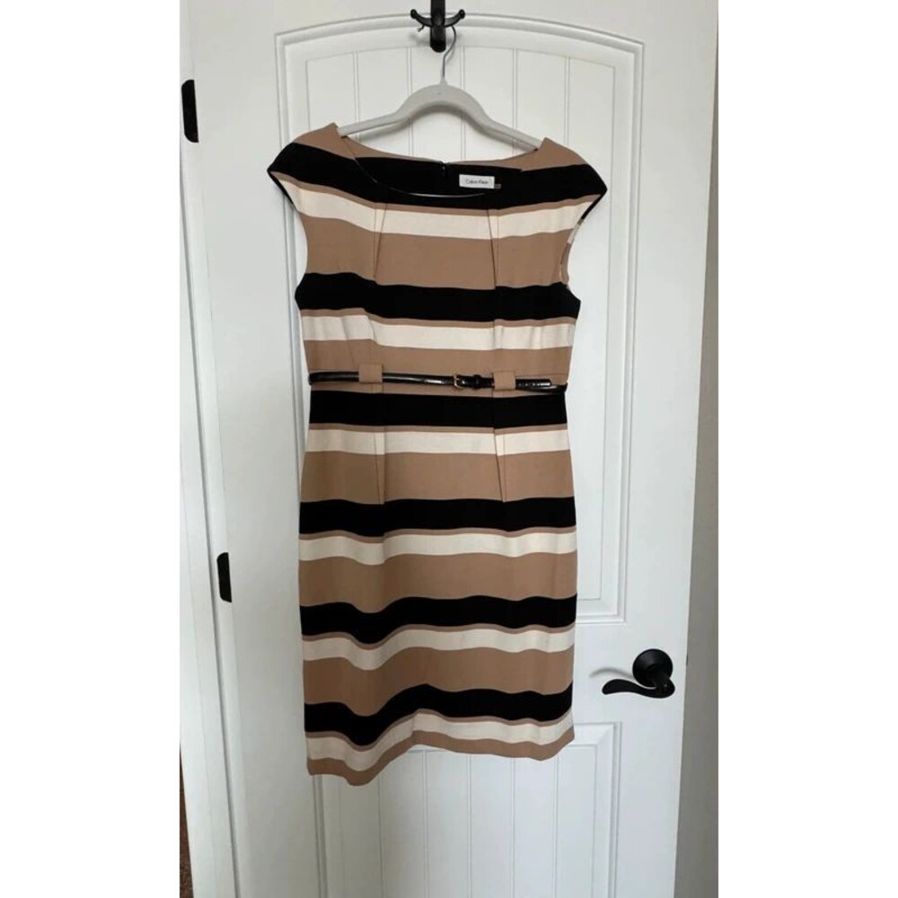 Calvin Klein Striped Belted Sheath Dress Size 8 Knee Length